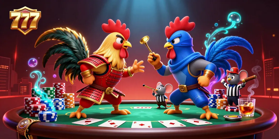 Engage with 777 gaming excitement as rooster warriors clash over poker chips and cards in a vibrant casino scene.