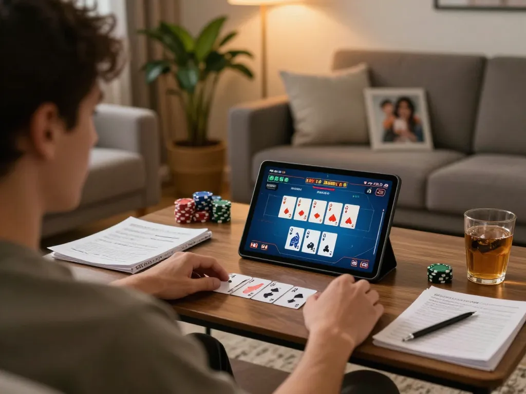 KADAL778 player strategizing during immersive online poker session at home with tablet and notes