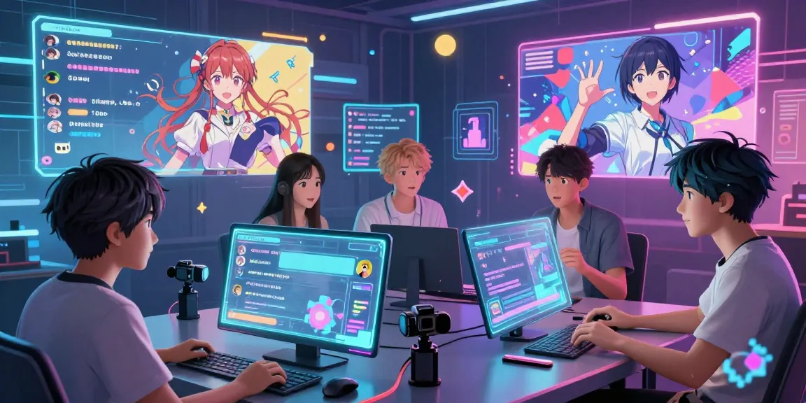 Engaging hentai ai chat scene with diverse anime characters in a futuristic digital chatroom