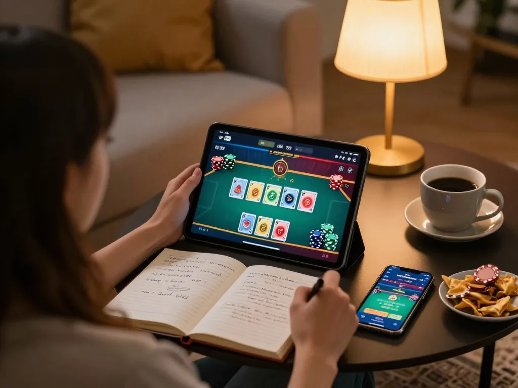 Togel Singapore gameplay on a tablet, showcasing virtual poker options and a player betting.