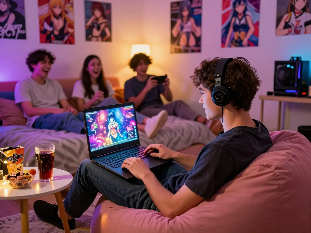 Engaging scene of young adult playing sex games on laptop in cozy bedroom.