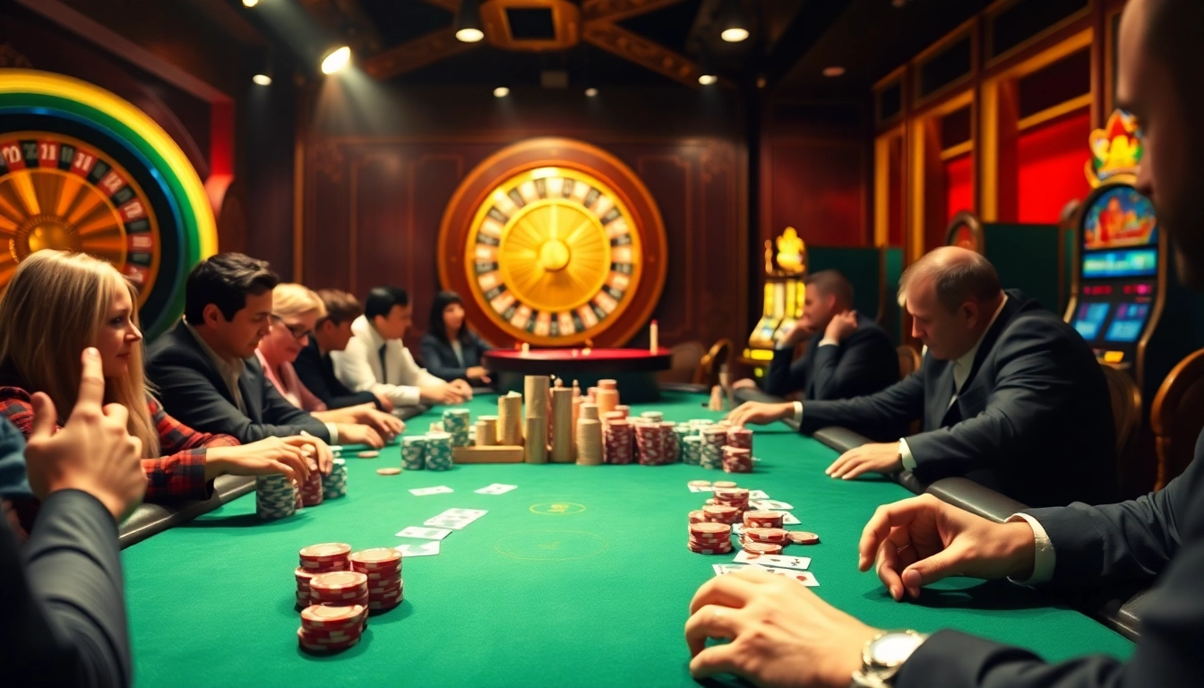 Players enjoying a game of blackjack at Casino bomwin, surrounded by vibrant chips and elegant decor.