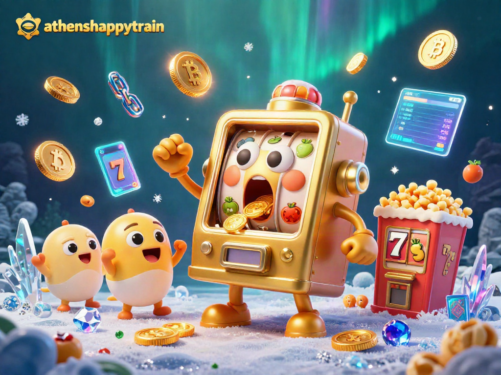 Experience the excitement of athenshappytrain as a cheerful slot machine hits a jackpot with coins pouring out!