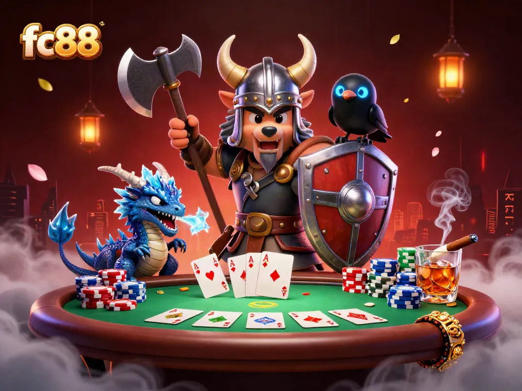 Experience thrilling action at fc88 online casino with Viking warriors, poker chips, and icy dragon in dynamic gameplay.
