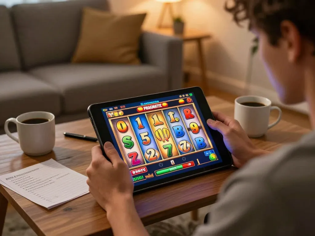 Player focused on a Pragmatic Slot game on a tablet, surrounded by strategy notes and a cozy atmosphere.