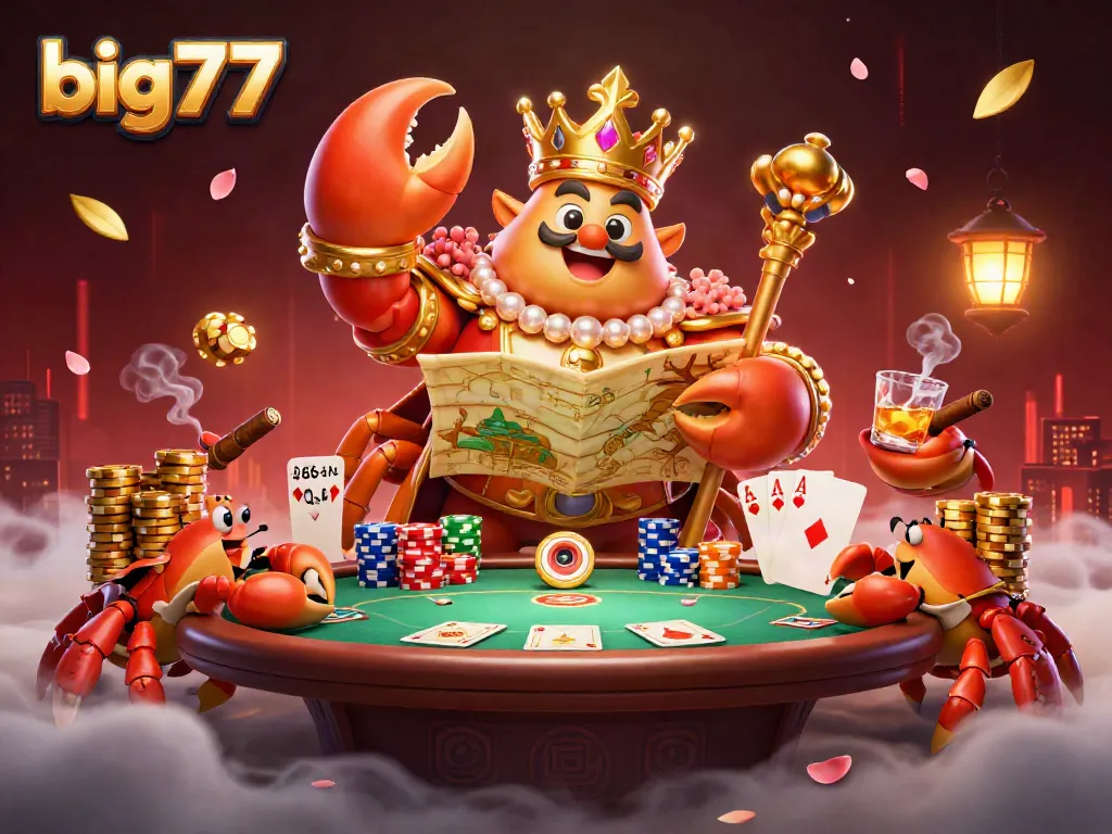 Play to win big777 jackpots with a whimsical golden crab emperor amid vibrant casino elements.