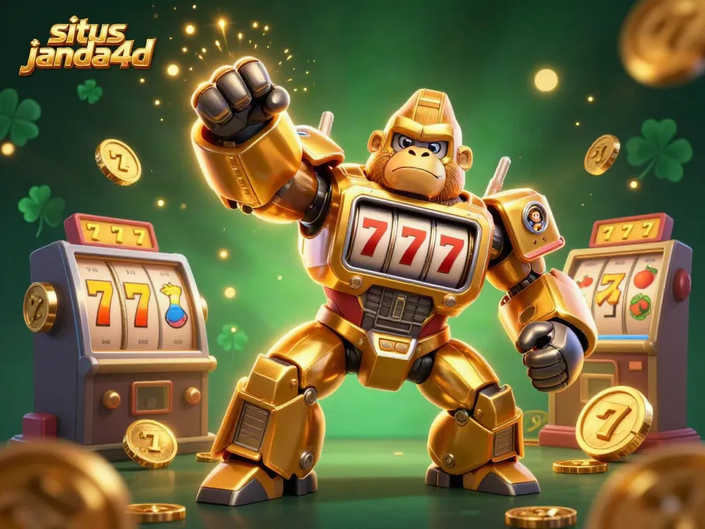 Menggambarkan situs janda4d dengan gorila emas dan elemen slot yang menarik.