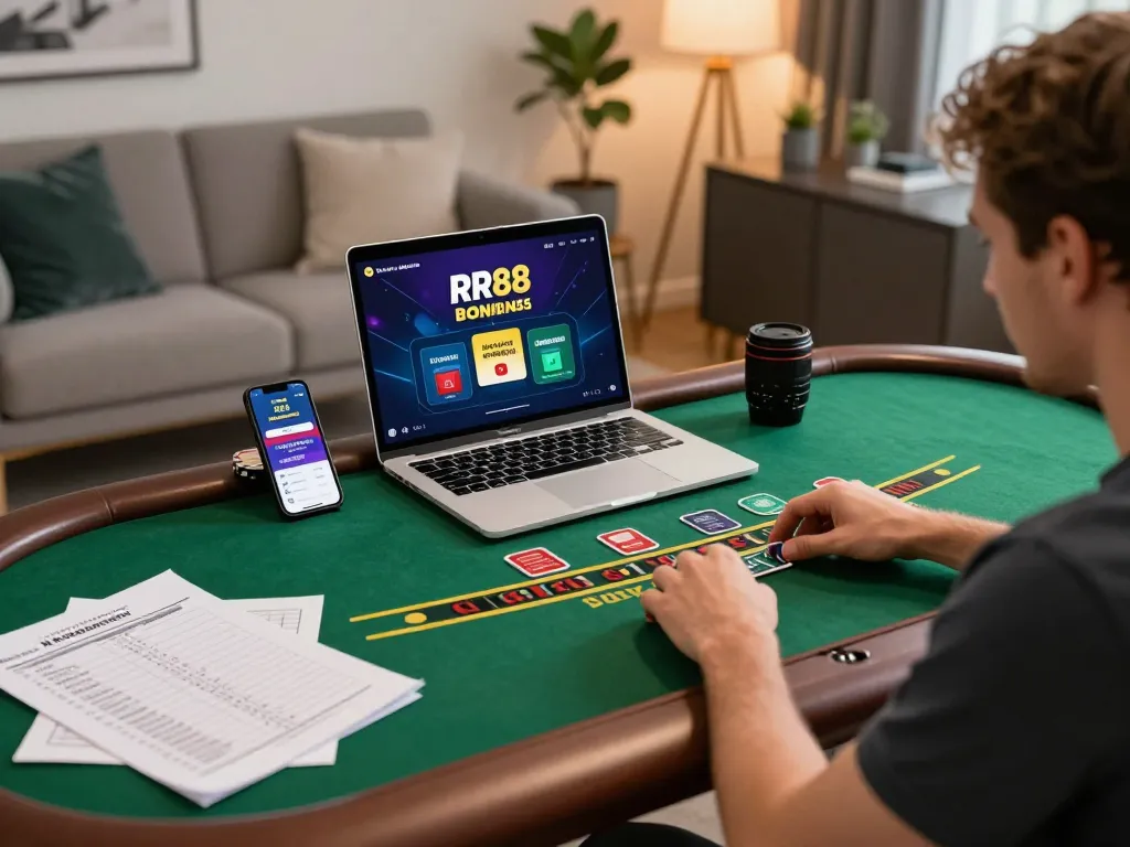 Player engaging in live dealer blackjack at home using RR88 casino app with strategic notes.