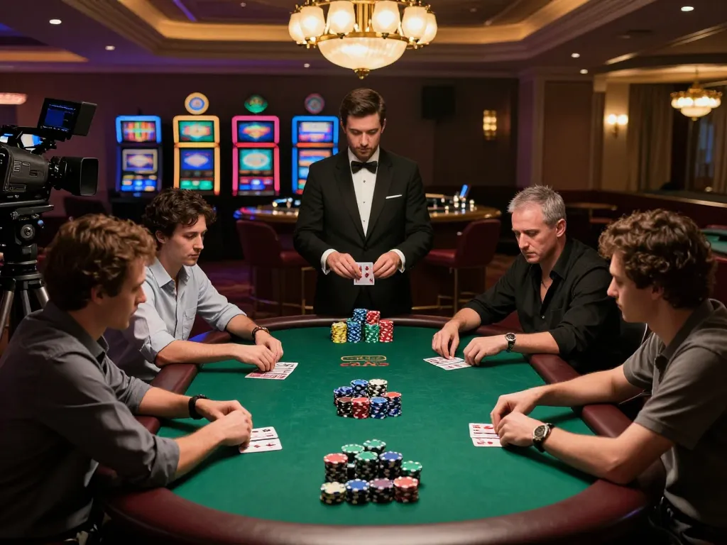 Players participating in a high-stakes poker game at cm88 casino, chips stacked on the table, strategic gambling moment.