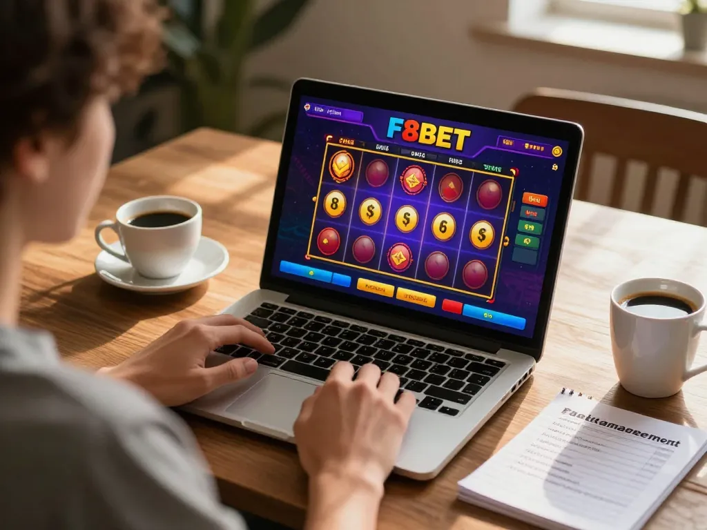 Engaging in online slots on F8BET with vibrant graphics and a cozy workspace setup.