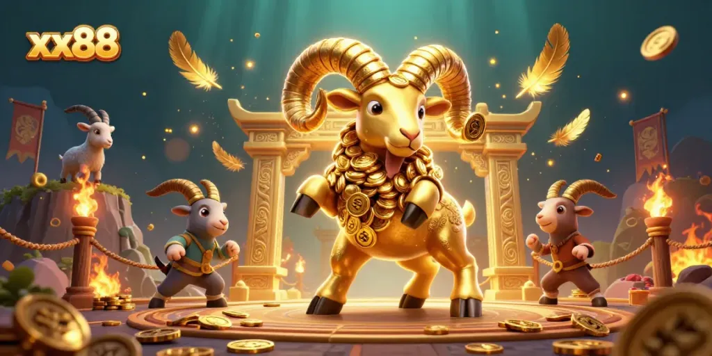 Experience the thrill of xx88 with a golden ram charging at a casino gate, surrounded by lively gambling elements.