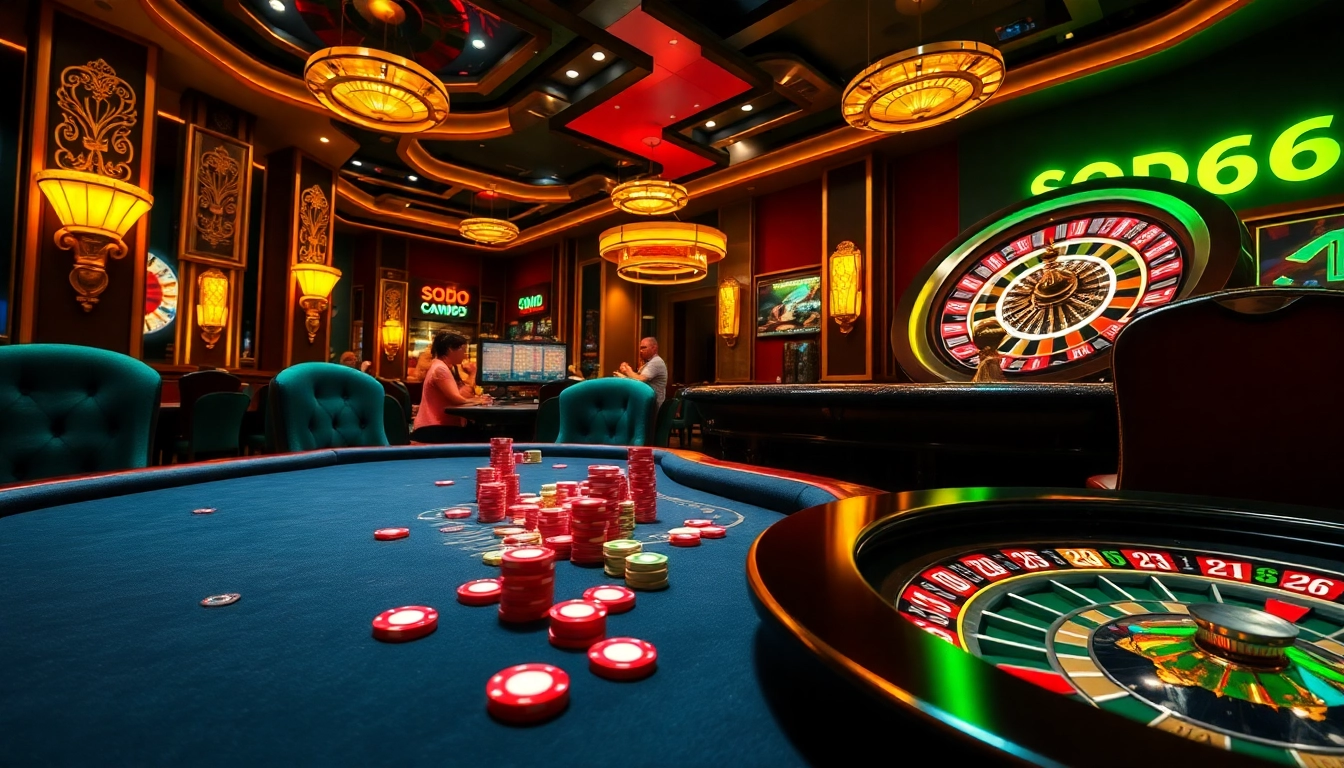 Players enjoying poker and roulette at SODO66, showcasing a luxurious casino atmosphere.