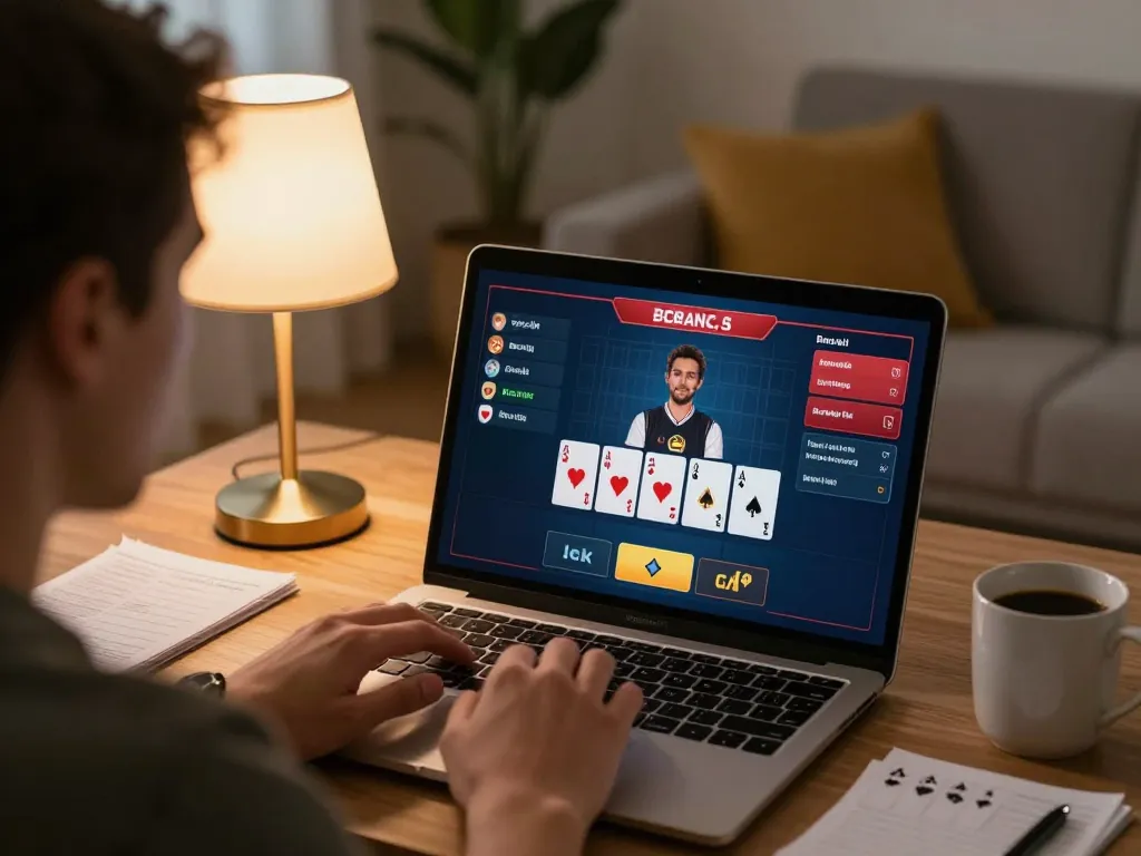 Player engaging in web-based blackjack on megaplus88 platform, with cards visible and strategy notes nearby.