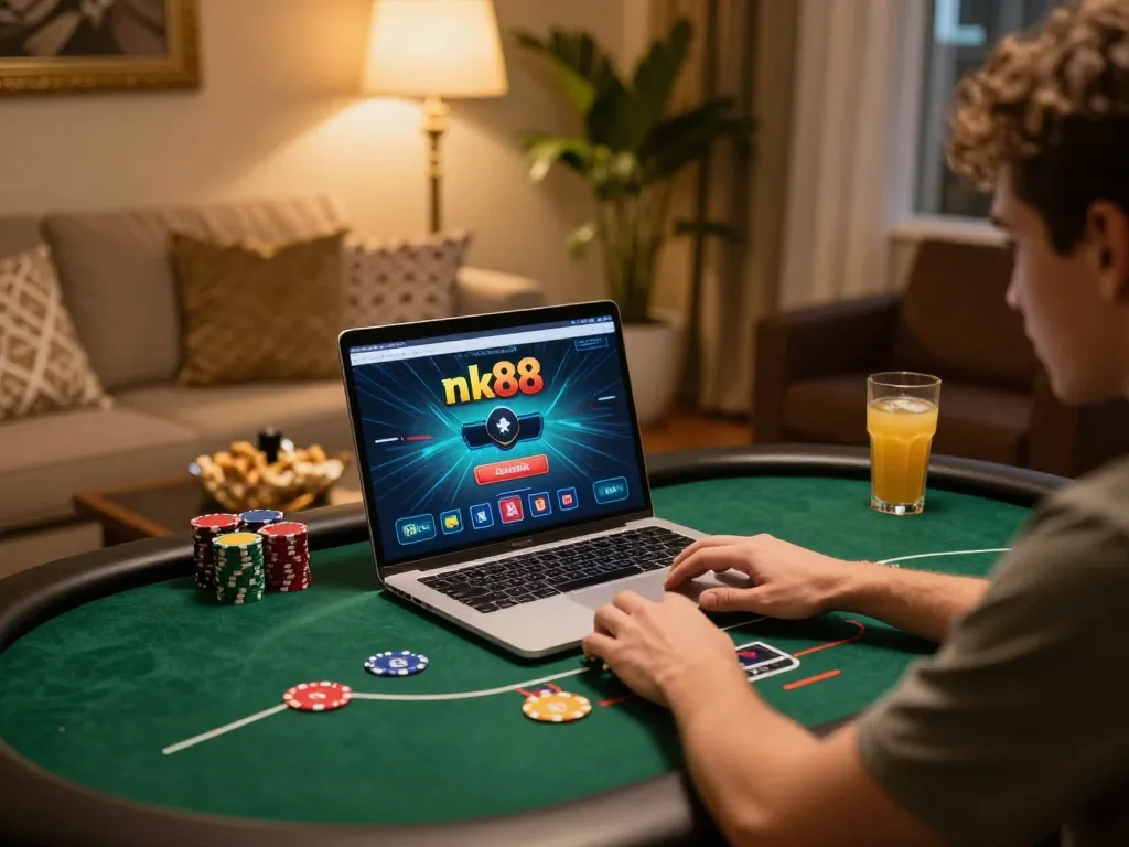 Engaging with the nk88 platform, a player enjoys online poker in a cozy home setting.