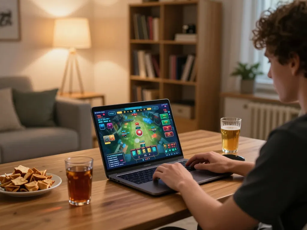 Players engaging in strategy at nhà cái 8xbet during a home gaming night with laptop and snacks