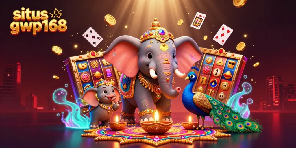 Menggali pengalaman bermain di situs gwp168 dengan elefant 3D bertema Diwali dan burung merak dalam suasana kasino yang cerah.