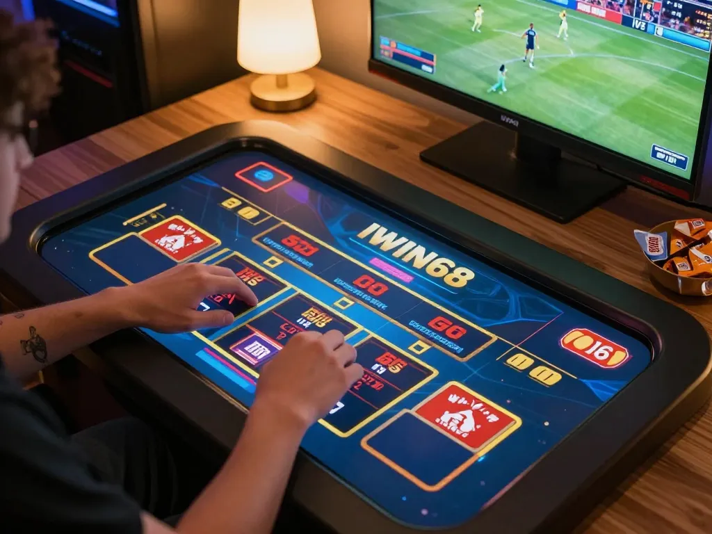 IWIN68 player engaging in exciting video poker gameplay, dynamic gaming scene with touchscreen interface