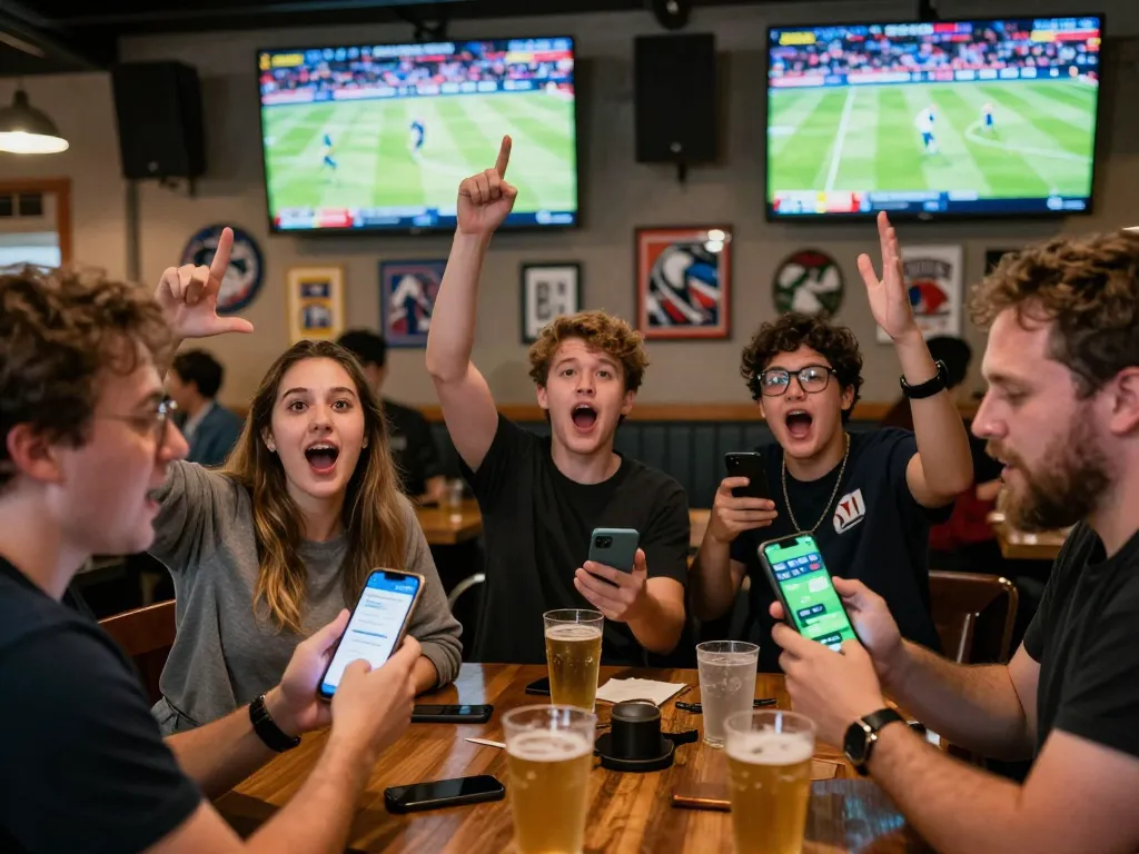 Fans celebrating at https://lv88cha.com/ sports bar, checking betting apps and enjoying the game.