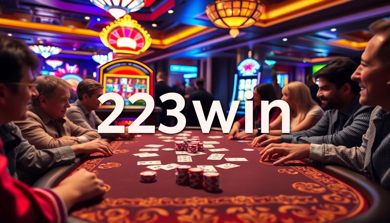 Excited players engaged in poker at a luxurious casino table, representing 23win's high-stakes gaming experience.