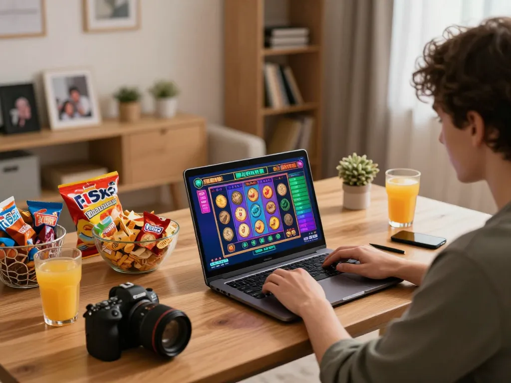 Engaging home setup for online slots on a laptop while practicing situs slot gacor strategies.