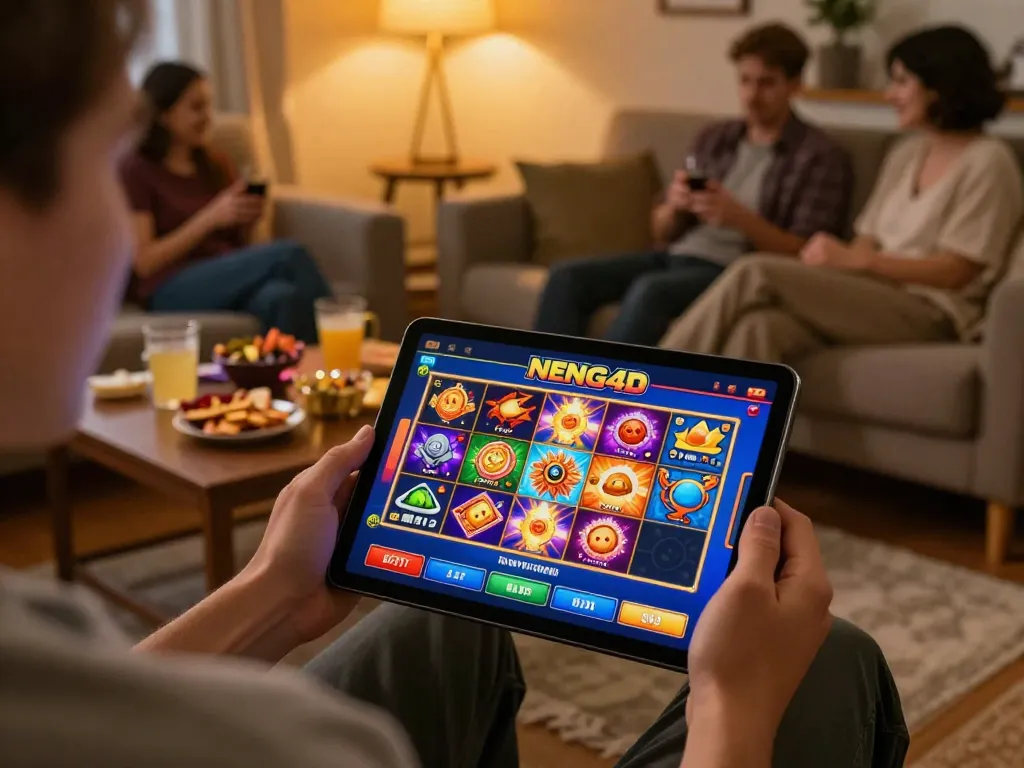 Engaging in NENG4D slot play on a tablet in a cozy home setting with friends around