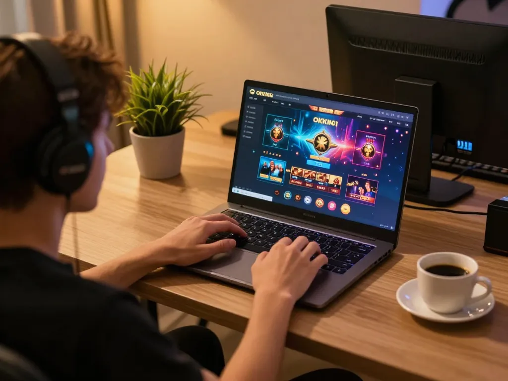 Engaging online gaming experience on okking1 with vibrant graphics on a laptop.
