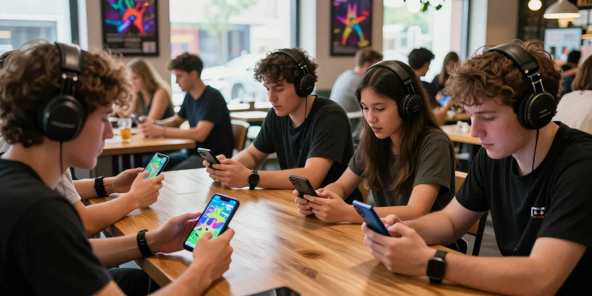 Gamers using the app Zowin in a lively café, immersed in thrilling game play.