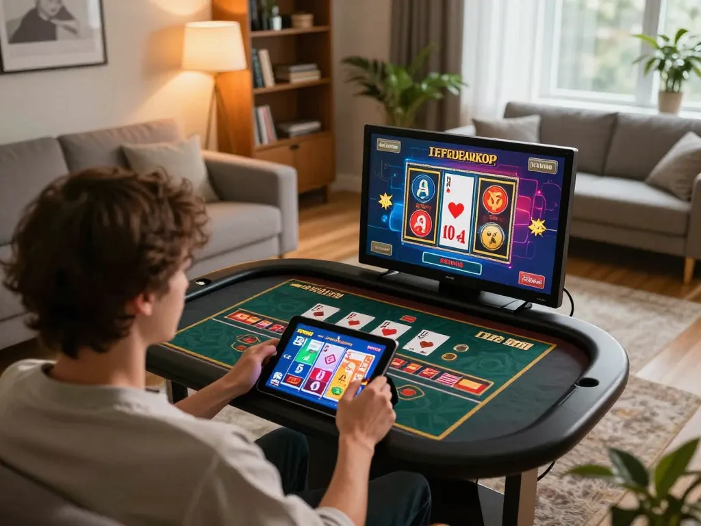 Engaging in strategic online gaming while tải b52 club on a tablet in a cozy home setting
