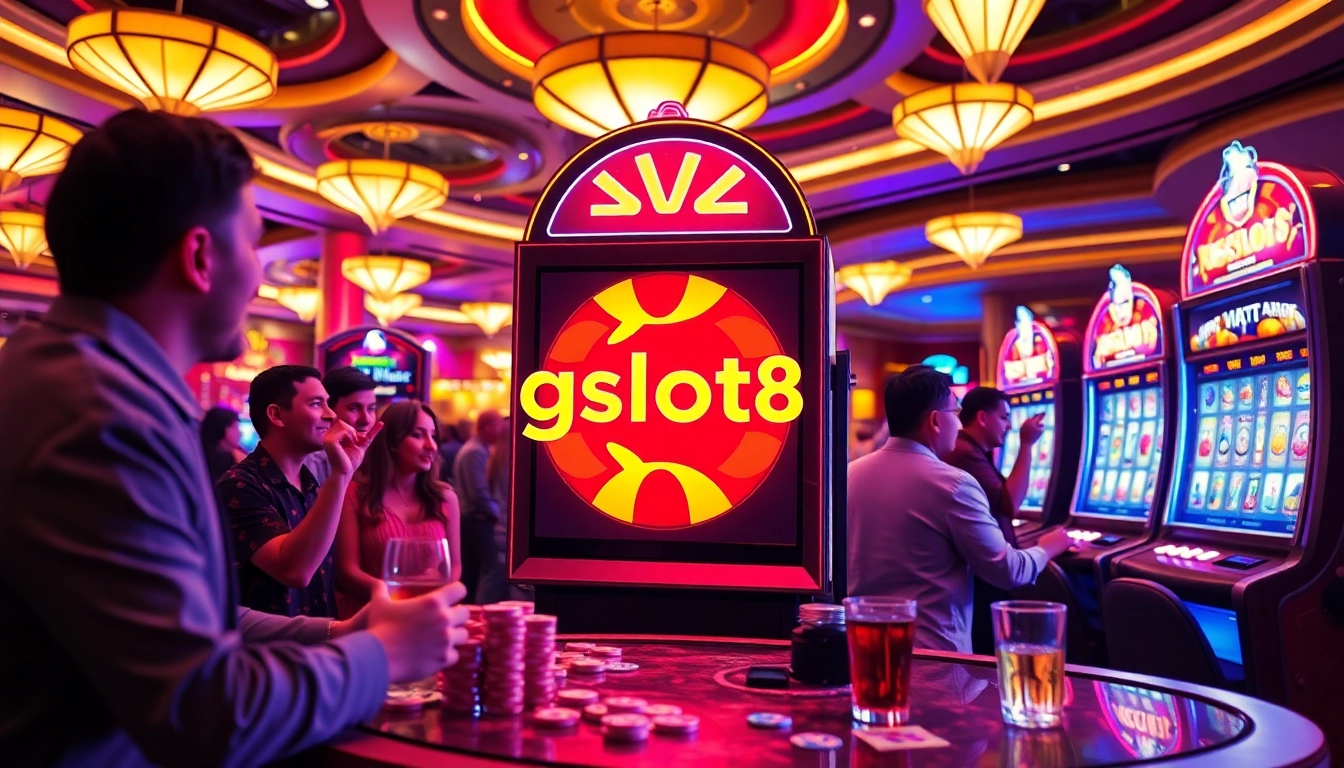 Mainkan xgslot88 di mesin slot kasino yang ramai dan penuh warna.