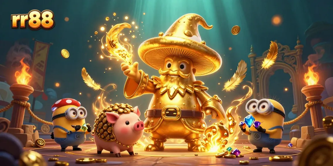 Bet on rr 88 with a dynamic golden wizard scene filled with gems and casino elements.