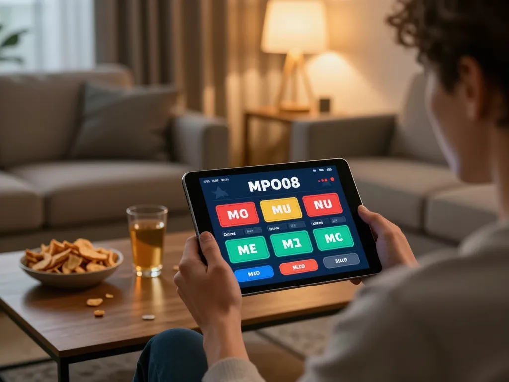 MPO08 user engaging in online gambling from home, showcasing the app interface and a cozy atmosphere
