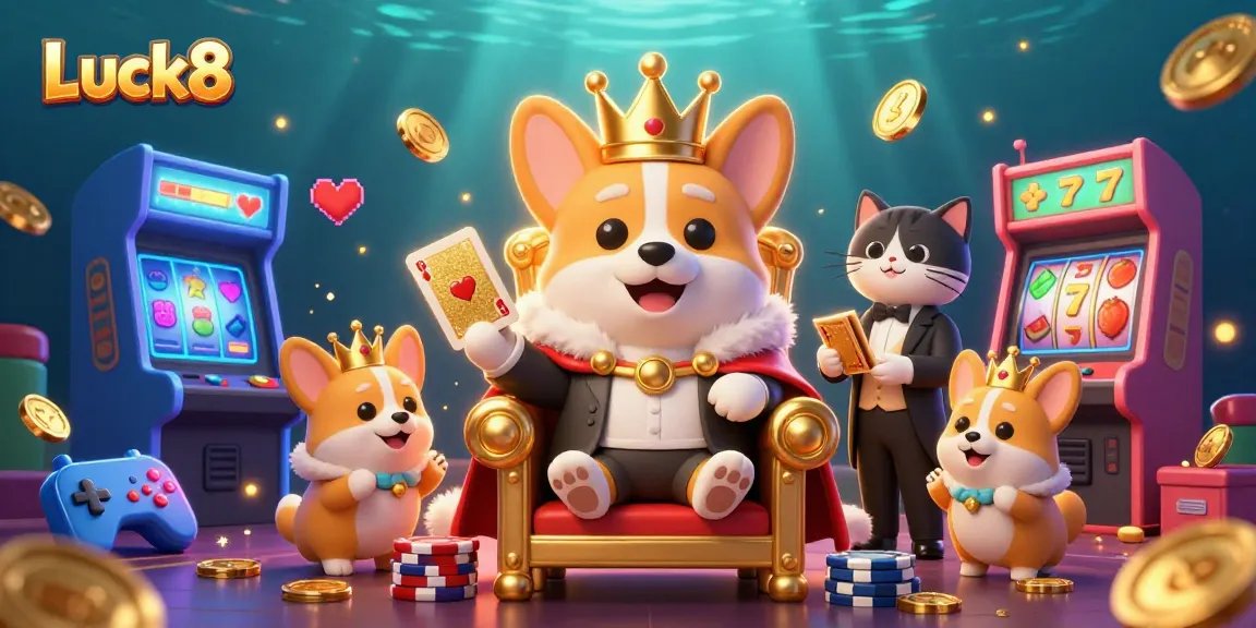 Luck8 promotes excitement with vibrant casino fun, featuring a royal corgi surrounded by playful game elements.