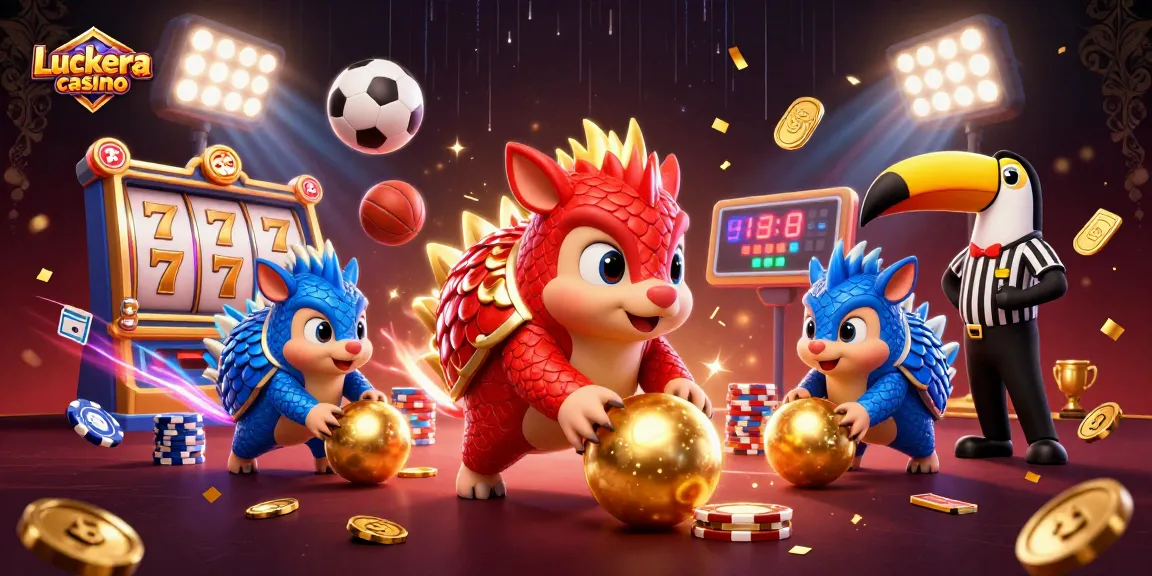 Experience the Luckera casino action with rival pangolins rolling golden balls amidst vibrant gameplay elements.