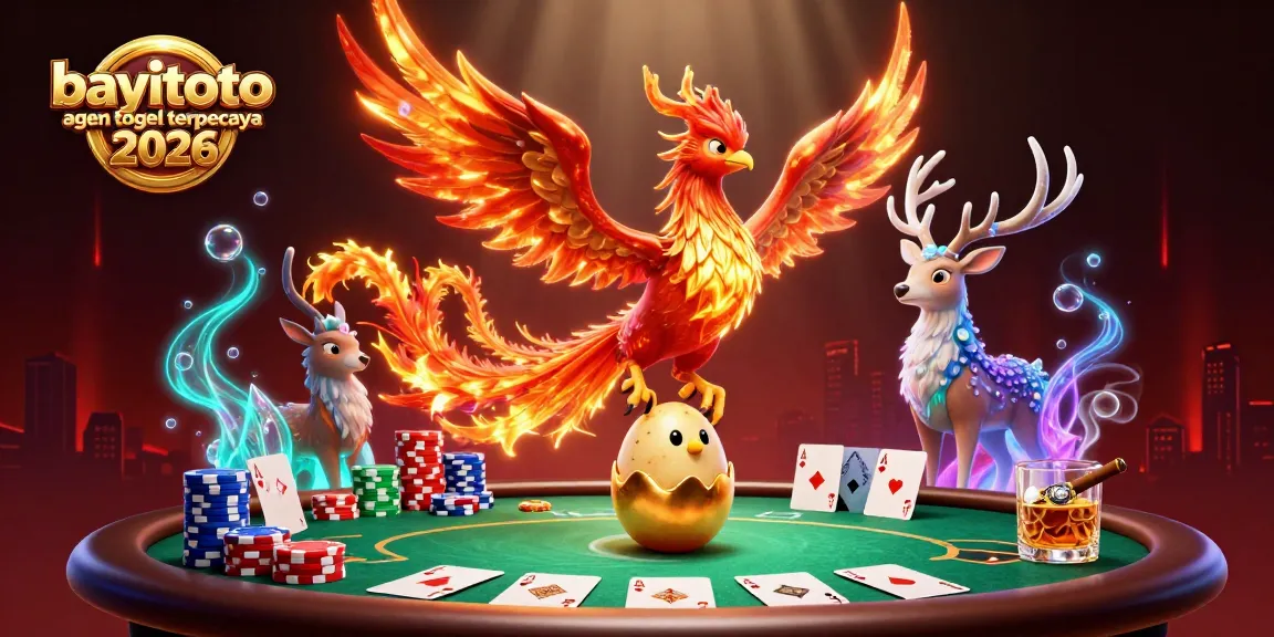 BAYITOTO agen togel terpercaya 2026 features vibrant 3D illustration with phoenix and poker elements