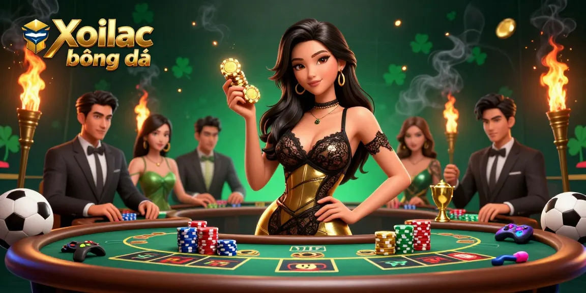 Xoilac bóng đá showcases a glamorous woman at a VIP sports betting table, highlighting the thrill of high-stakes gambling.