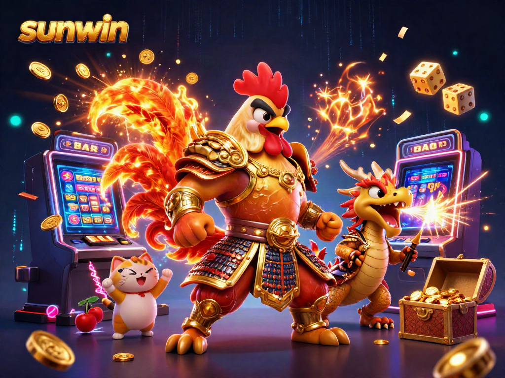 Experience the excitement of sunwin with cartoon characters celebrating big wins at a vibrant casino.