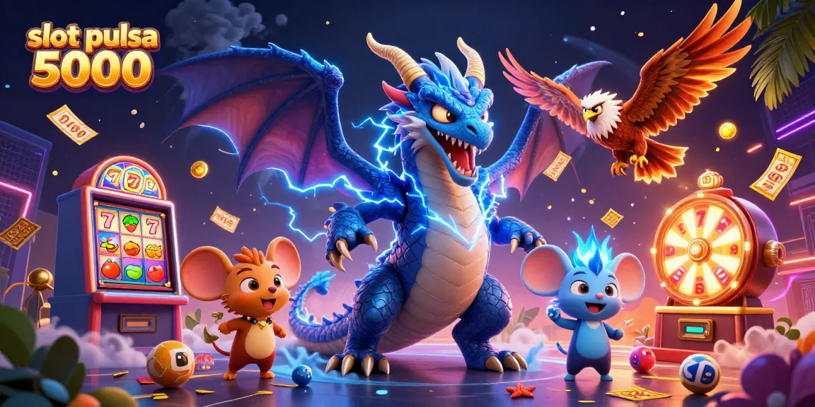 Permainan slot pulsa 5000 mengungkapkan momen kemenangan dengan karakter kartun berenergi dan elemen kasino yang meriah.