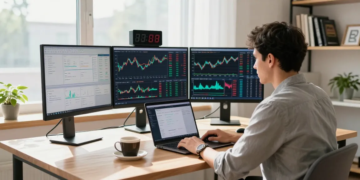 Трейдер анализирует отзывы bitmex в современном домашнем офисе перед экранами с графиками