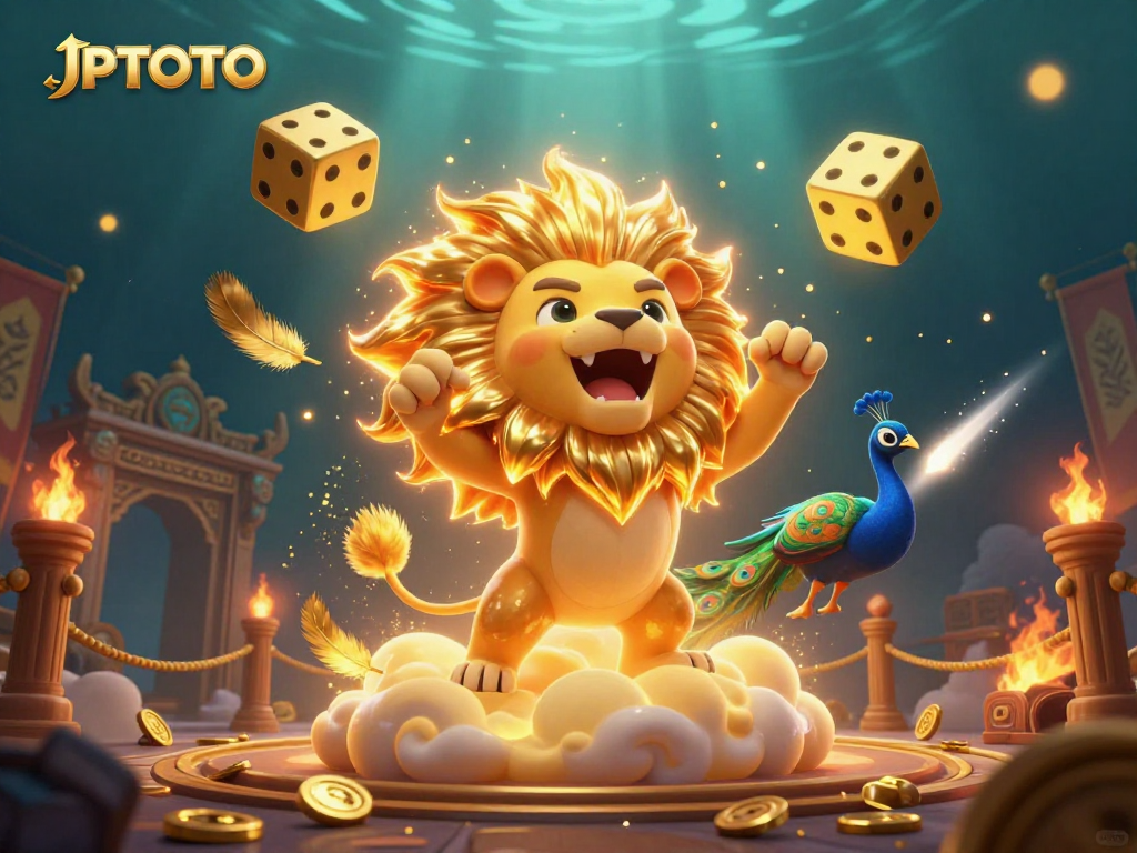 Engage with JPTOTO's vibrant gambling scene spotlighting golden dice and a roaring sun lion.