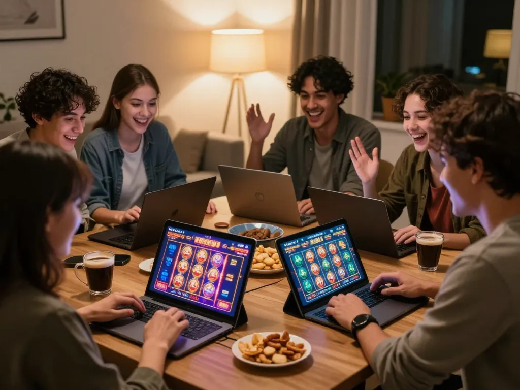 Players celebrating a win at home with link gacor visible on screen, engaging in thrilling online gambling.