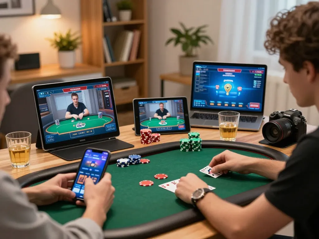 Ligalgo players engaging in an exciting online poker game from a stylish home setup.
