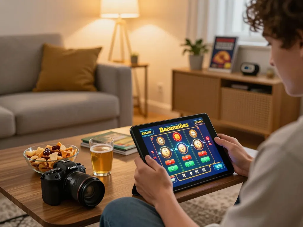 Nego77 user enjoying a thrilling online slot game in a cozy home setting