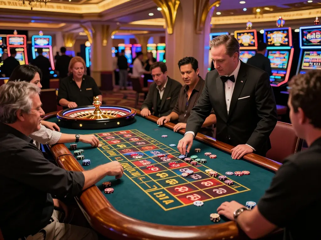 Enjoying a thrilling roulette game at 789 casino with players placing bets and the dealer spinning the wheel.