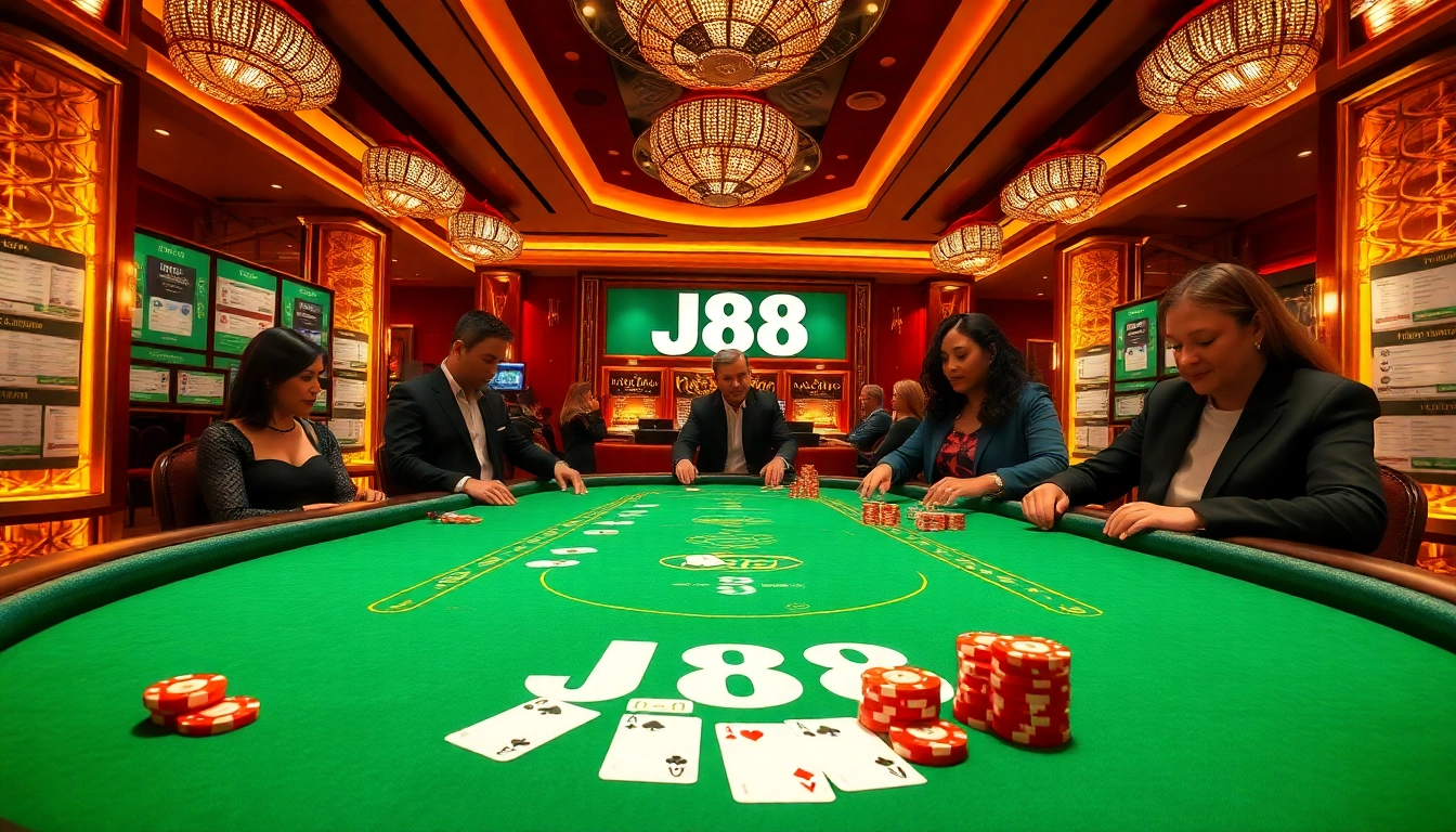 Experience thrilling gameplay at J88 casino with vibrant poker chips and cards on an elegant table.