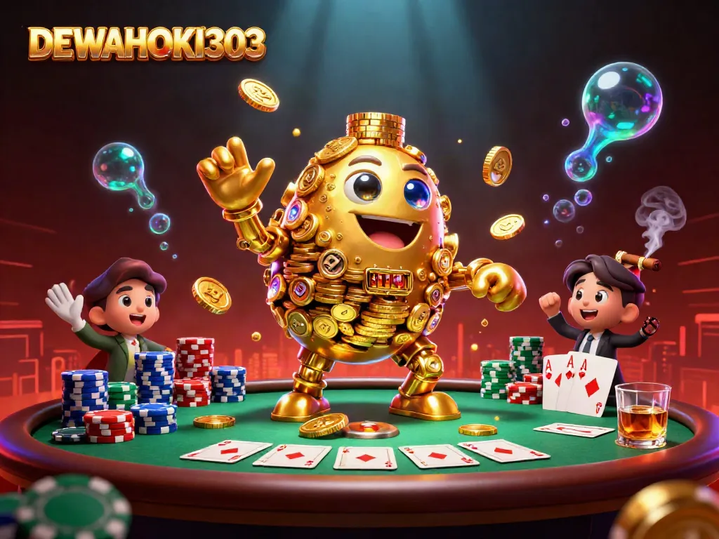 Permainan slot DEWAHOKI303 menampilkan golem emas berkilau dan chip poker dalam suasana yang energik.