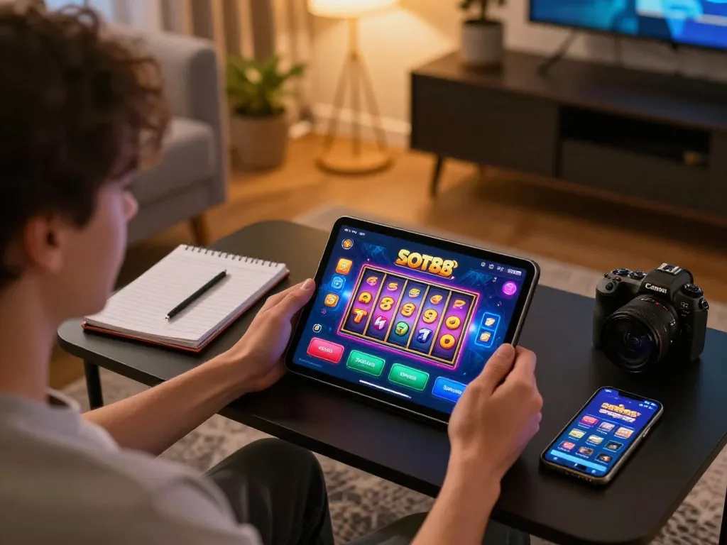 Engaging gameplay on slot88 interface using tablet in cozy home setup