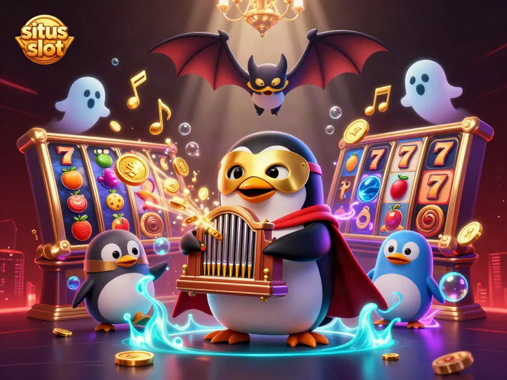 Menangkan jackpot di situs slot dengan ilustrasi 3D karakter kartun bermain slot dan elemen kasino.