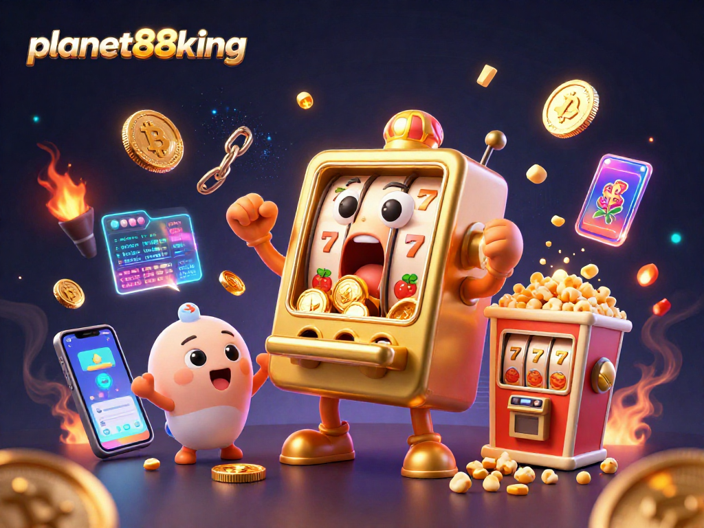 Engage with planet88king's thrilling casino atmosphere featuring a golden slot machine hitting a jackpot.