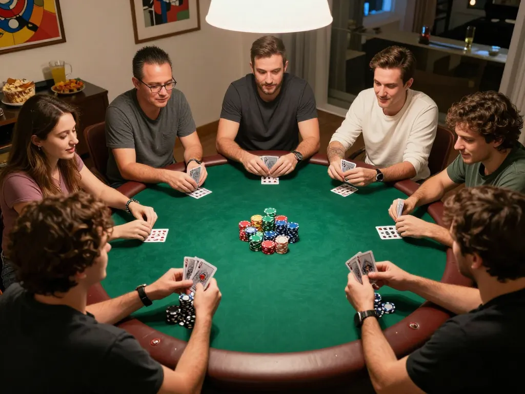 Friends enjoying a poker night at home with engaging gameplay, showcasing 7-hd's cinematic atmosphere and camaraderie.