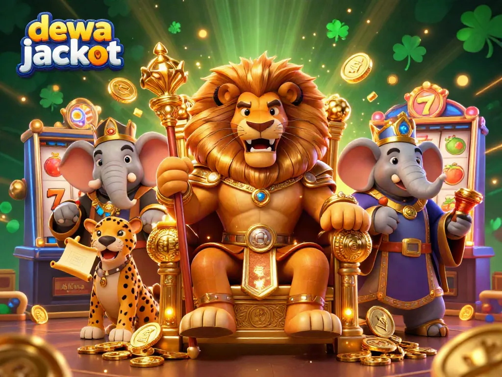 Permainan slot dengan dewa jackpot dan karakter kartun menarik dalam satu adegan.